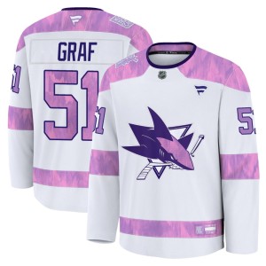 Youth San Jose Sharks Collin Graf Fanatics Premium 2024 Hockey Fights Cancer Practice Jersey - White