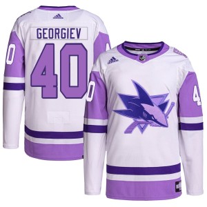 Men's San Jose Sharks Alexandar Georgiev Adidas Authentic Hockey Fights Cancer Primegreen Jersey - White/Purple