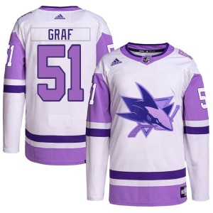 Men's San Jose Sharks Collin Graf Adidas Authentic Hockey Fights Cancer Primegreen Jersey - White/Purple