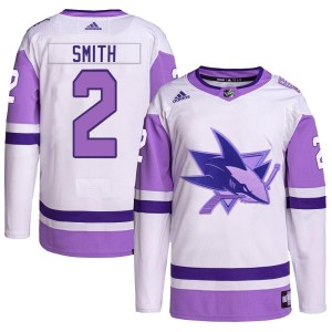 Men's San Jose Sharks Will Smith Adidas Authentic Hockey Fights Cancer Primegreen Jersey - White/Purple