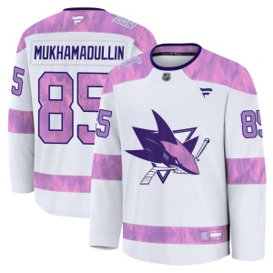 Men's San Jose Sharks Shakir Mukhamadullin Fanatics Premium 2024 Hockey Fights Cancer Practice Jersey - White