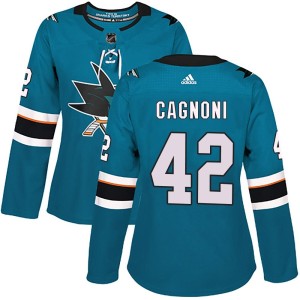 Women's San Jose Sharks Luca Cagnoni Adidas Authentic Home Jersey - Teal