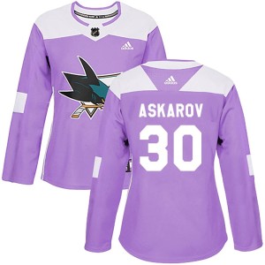 Women's San Jose Sharks Yaroslav Askarov Adidas Authentic Hockey Fights Cancer Jersey - Purple