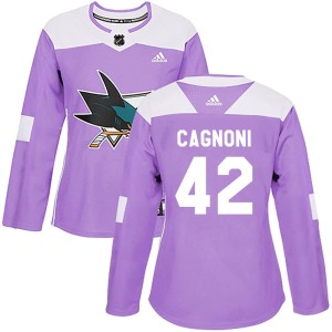 Women's San Jose Sharks Luca Cagnoni Adidas Authentic Hockey Fights Cancer Jersey - Purple