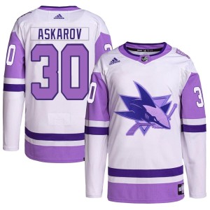 Youth San Jose Sharks Yaroslav Askarov Adidas Authentic Hockey Fights Cancer Primegreen Jersey - White/Purple